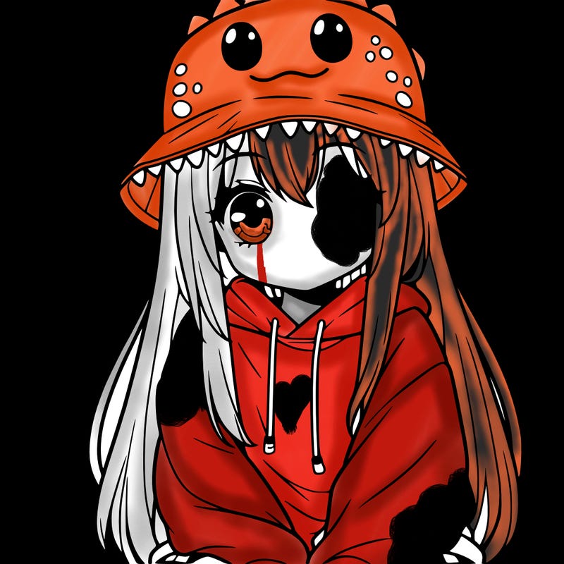 girl with anime shaped eyes with a dinosaur bucket hat oversized sweatshirt long straight hair