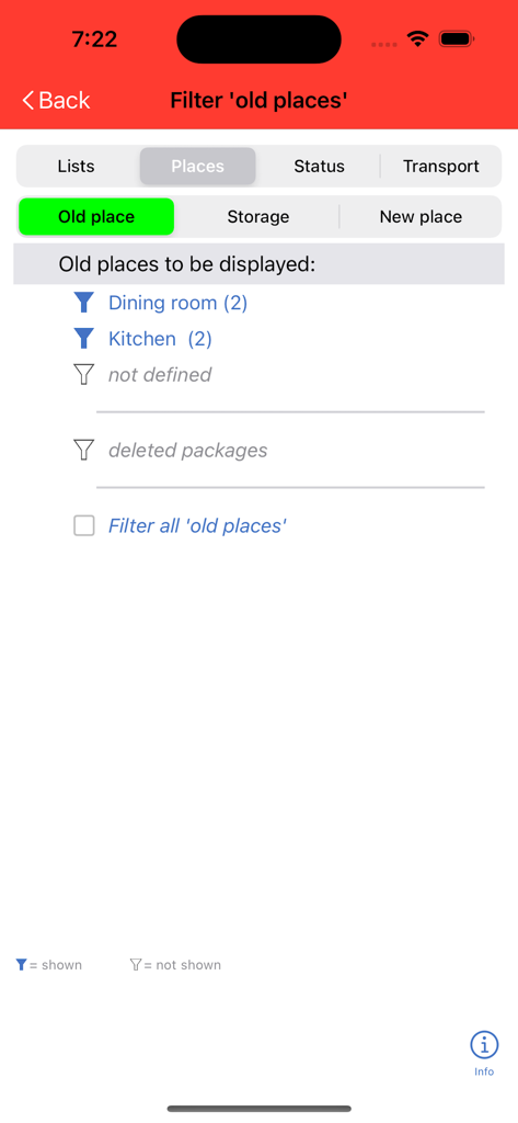 MyUmzug - MyUmzugアプリの画面、元の部屋の場所で引越しボックスと家具をフィルタリング