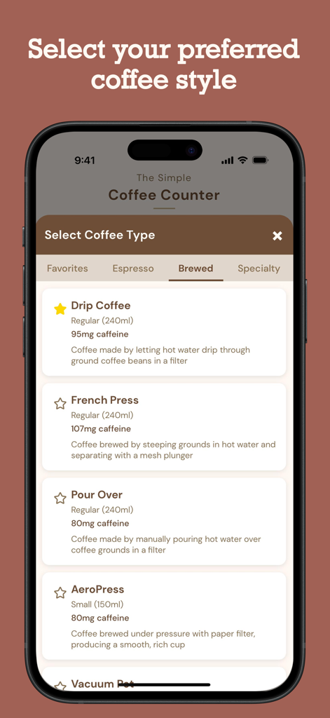 Interface of Simple Coffee Counter app displaying a selection list of brewed coffee types like Drip Coffee and French Press with caffeine information