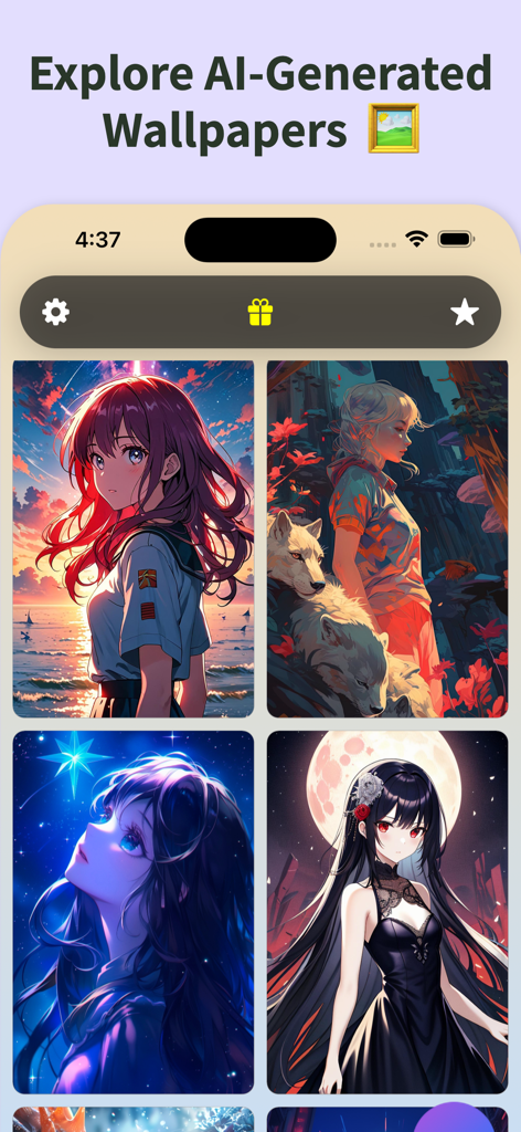 AI Anime Art Generator App - 4つの多様なAI生成アニメスタイルの壁紙のグリッドを表示するモバイルアプリのインターフェース。