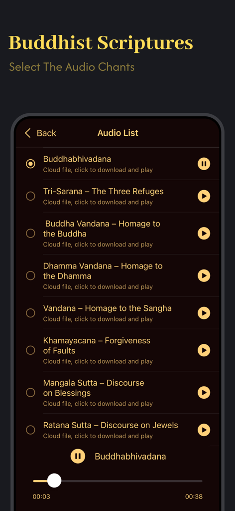 Buddhist Prayer - ePrayer - A list of Buddhist scriptures and audio chants in the ePrayer mobile application.