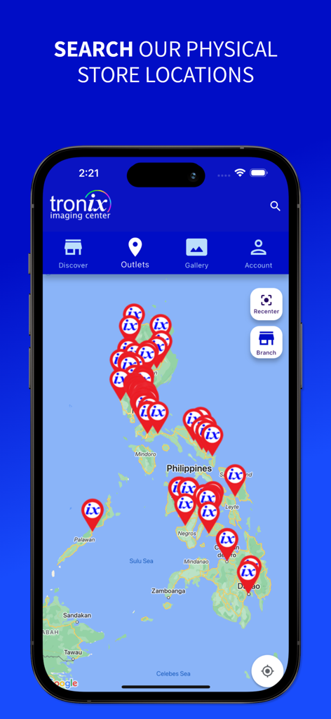 Tronix Imaging App - A map of the Philippines showing physical store locations for Tronix Imaging Center.