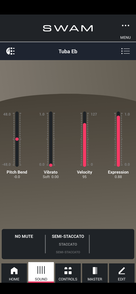 SWAM Tuba Eb - Interface do aplicativo SWAM Tuba Eb mostrando sliders de expressão sonora para bend de pitch, vibrato, velocity e articulação