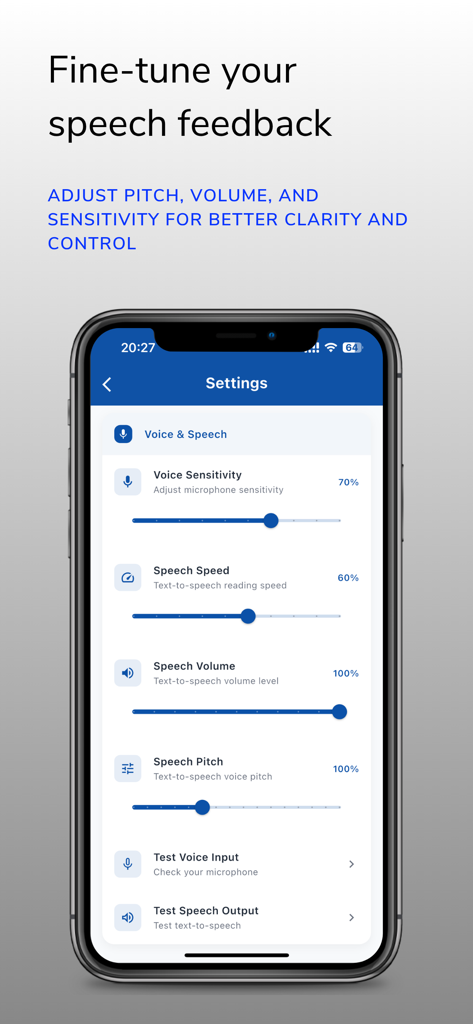 XPhonetics App-Einstellungsmenü zum Anpassen von Sprachhöhe, Lautstärke und Geschwindigkeit