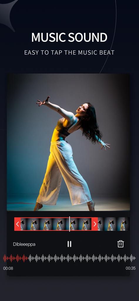 Interface of Video Retouch app showing music sound editing with a dancer video and audio waveform