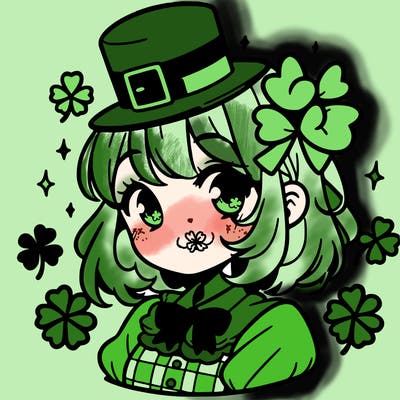 a manga-style girl with clovers around her, a little hat in her hair, like it's saint patrick's day