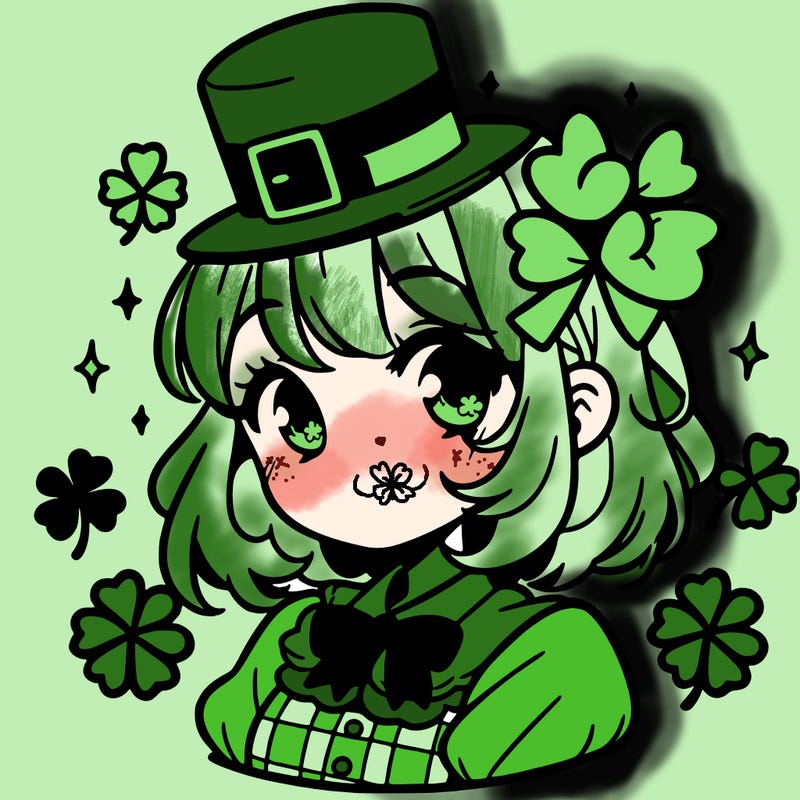 a manga-style girl with clovers around her, a little hat in her hair, like it's saint patrick's day