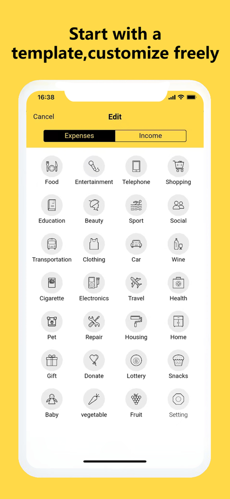 Mobile App-Oberfläche, die verschiedene Ausgabenkategorien zur Budgetverfolgung anzeigt