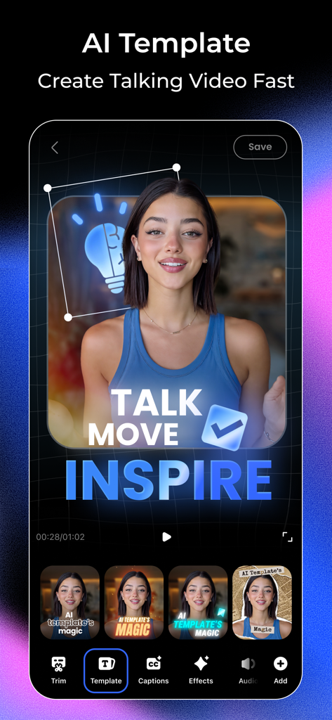 빠른 콘텐츠 제작을 위한 다양한 AI 템플릿을 보여주는 Vmake AI 토킹 비디오 편집기의 인터페이스