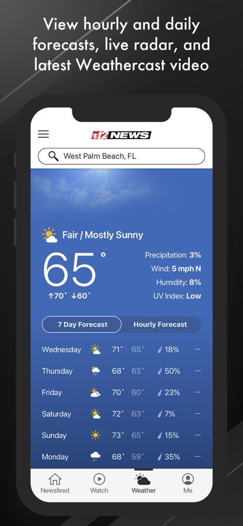 CBS12 News - CBS12 News app weather screen displaying a 7 day forecast for West Palm Beach Florida
