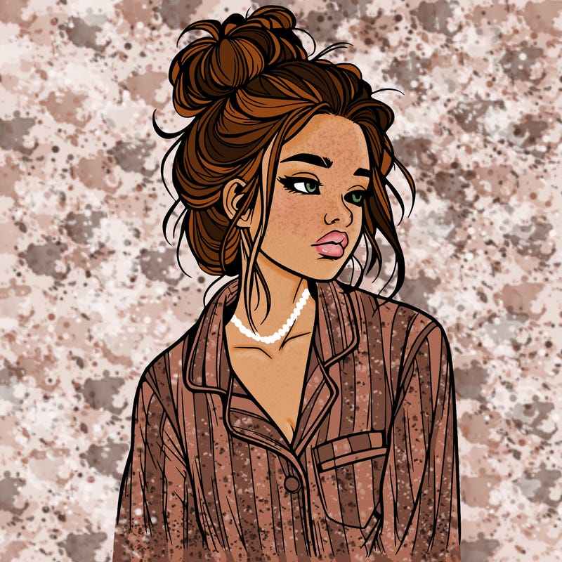 realistic woman with pajamas on and a messy bun