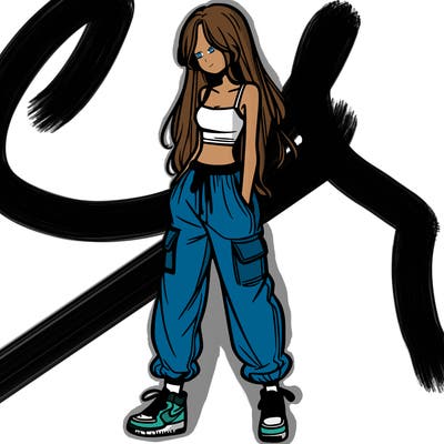 girl in baggy pants crop top and long hair