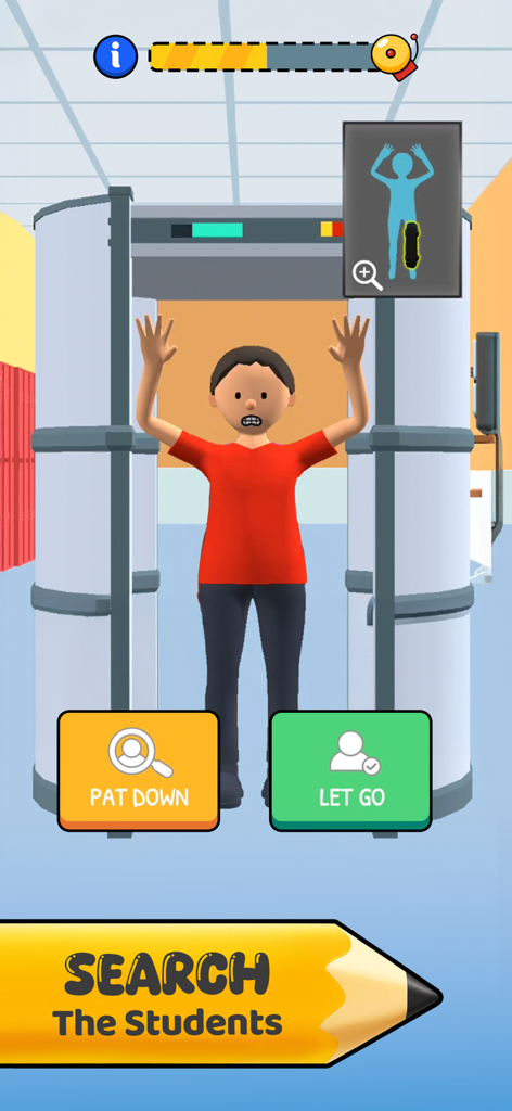 Teacher Simulator: Study Time! - Teacher Simulatorで、生徒がセキュリティスキャナーを通過し、ボディチェックするか、通すかの選択肢が表示されている。