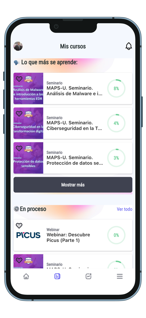 A mobile interface for MAPS-U showing a list of IT training courses including cybersecurity and malware analysis with progress tracking