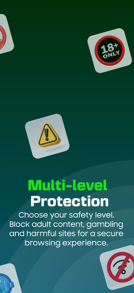 Kahf Guard app screen showing multi-level protection options to block adult content gambling and harmful sites