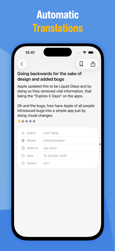 App Reviews - iOS & Android - Interface do Reviews de Apps mostrando um review de usuário traduzido automaticamente em um iPhone.