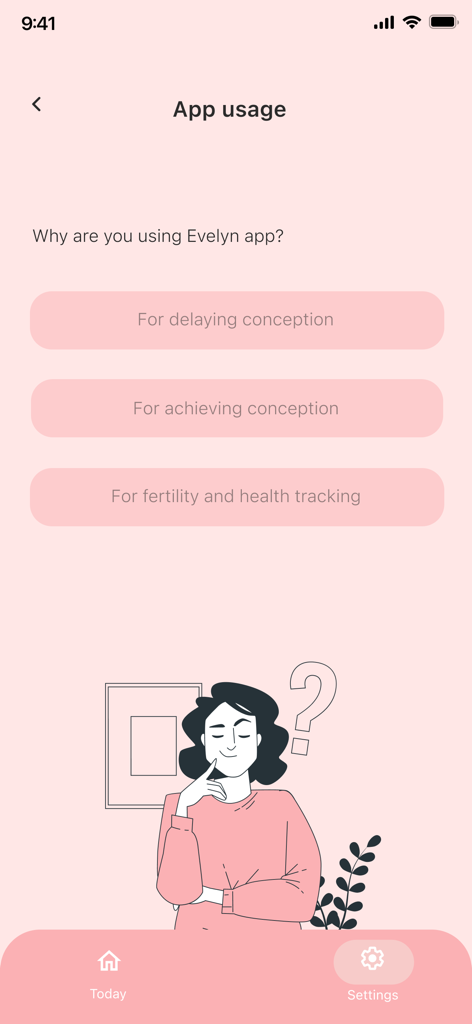 Tela de uso do aplicativo Evelyn mostrando metas de fertilidade, incluindo atraso da concepção, obtenção da concepção e rastreamento de saúde.