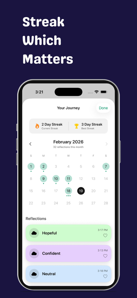 Emotica: Mood Tracker & Diary - Emotica app interface showing the journey screen with habit streaks and a monthly mood calendar.