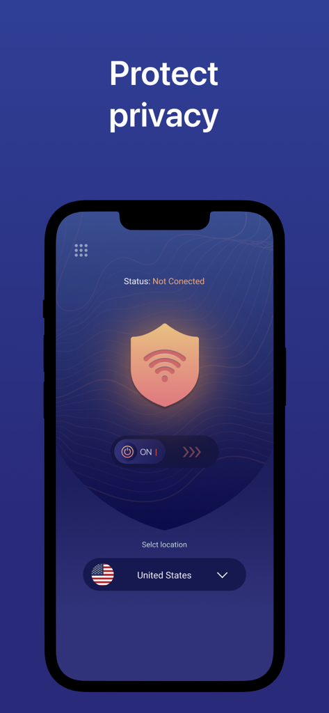 Interfaz de la aplicación Super VPN Master en iPhone que muestra protección de privacidad y selección de servidor en los Estados Unidos.