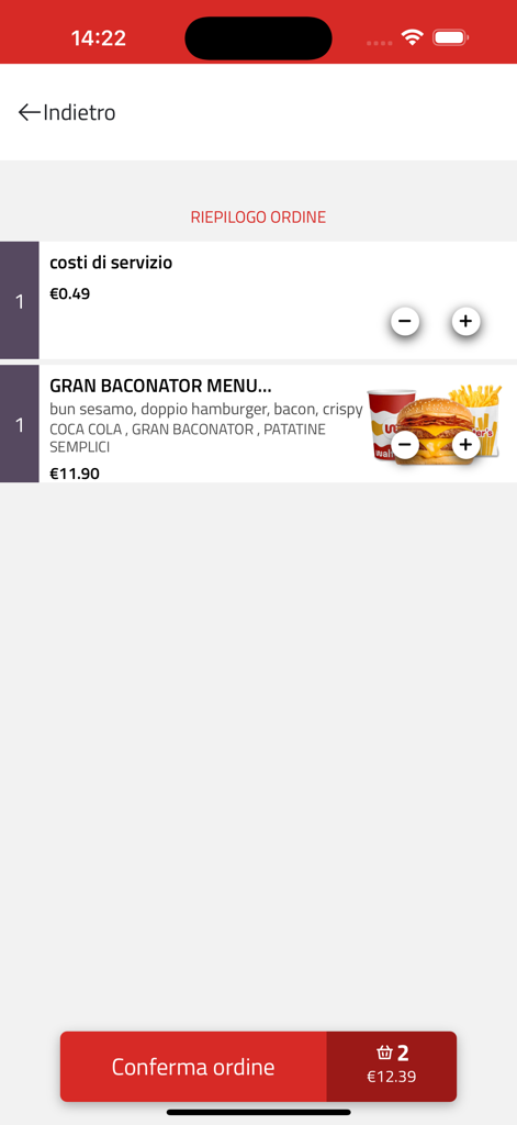 Bildschirm der Bestellübersicht in der Walter's-App mit Burger-Menü und Gesamtpreis.
