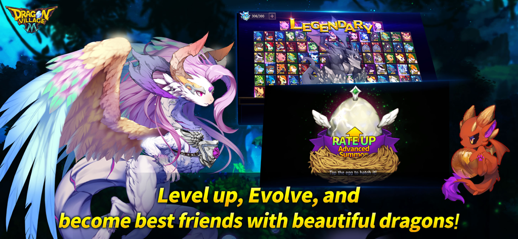 Un affichage de dragons légendaires et un œuf d'invocation avancé dans le jeu mobile Dragon Village M.