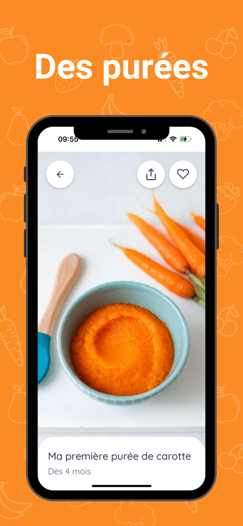 Screenshot of the Cuisinez pour bebe app showing a healthy carrot puree recipe for babies starting at 4 months old.