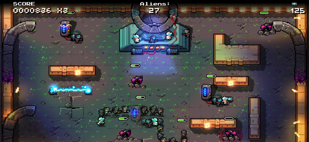 Snake Core - Top down pixel art gameplay of Snake Core showing a squad of soldiers battling aliens in a sci-fi arena