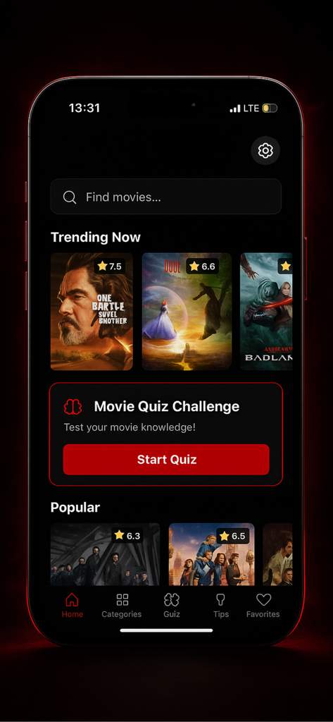 Tela inicial do aplicativo PobreFlix com filmes em alta e um botão de desafio de quiz de filmes