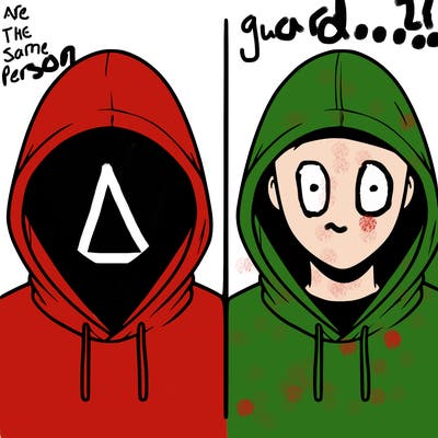 a person with a hoodie and no face, the drawing is split in 2
