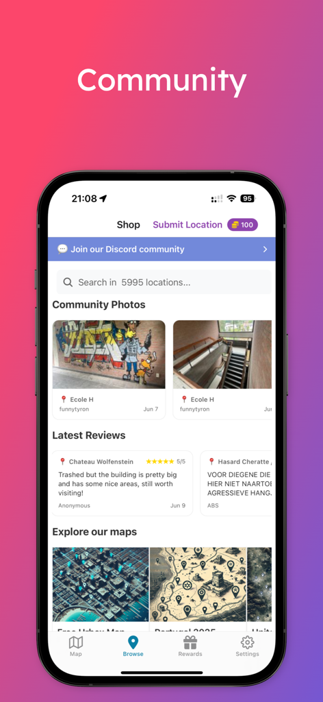UrbexVault - Mobile interface of UrbexVault app displaying community photos, user reviews of abandoned locations, and interactive maps