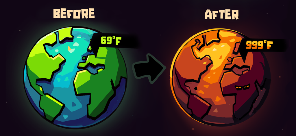 Earth Inc. Tycoon Idle Miner - Nebeneinanderstellung einer gesunden Erde bei 69 Grad und einer verbrannten Erde bei 999 Grad