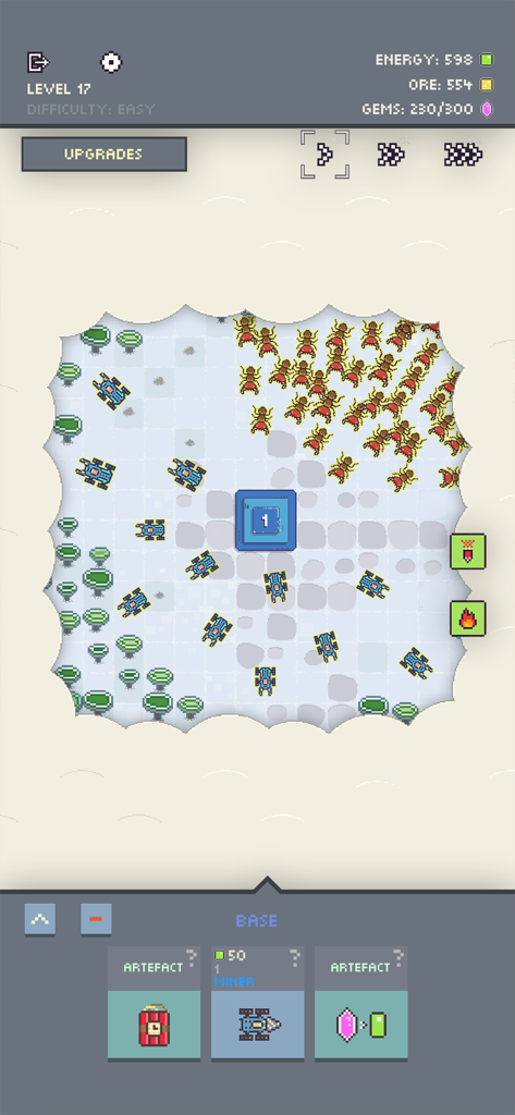 Ants vs Robots - Pantalla de jugabilidad de estrategia en tiempo real en arte pixelado de Ants vs Robots mostrando unidades de robots y colonias de hormigas.