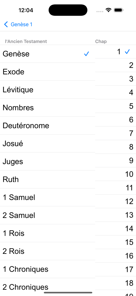 La Sainte Bible LS - Écran de navigation de l'application Bible française listant les livres et chapitres de l'Ancien Testament