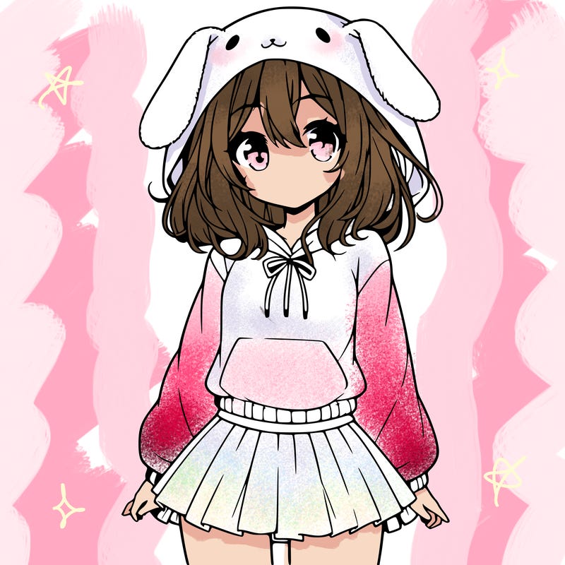 pretty anime girl wearing a fluffy hoodie with bunny ears on the hood and a skirt