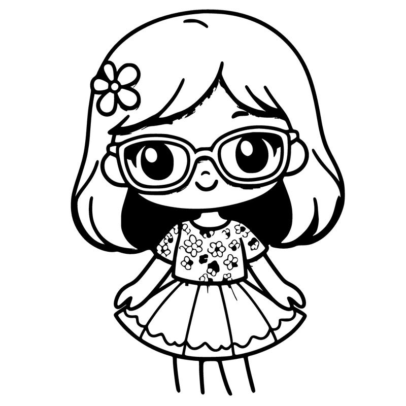 a tan 8 year old girl light pink glasses a purple white flower shirt pale pink short skirt