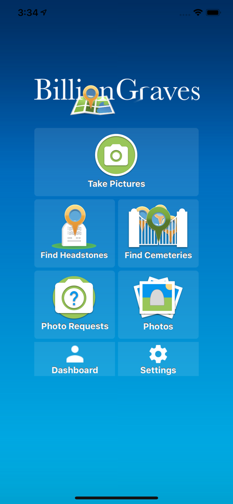 BillionGraves - BillionGraves app main menu with options for taking pictures and finding cemeteries