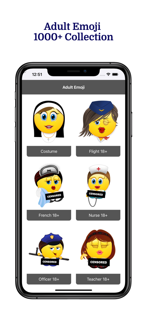 A collection of adult emoji categories in the Flirtycon app.