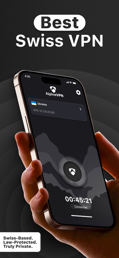 Una persona che tiene in mano un iPhone che mostra l'interfaccia dell'app AlpineVPN con una connessione sicura a un server in Ucraina.