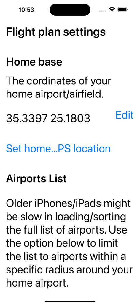 A-EFIS Black and White - Pantalla de la aplicación A-EFIS que muestra la configuración del plan de vuelo con las coordenadas de la base de operaciones y las opciones de lista de aeropuertos.