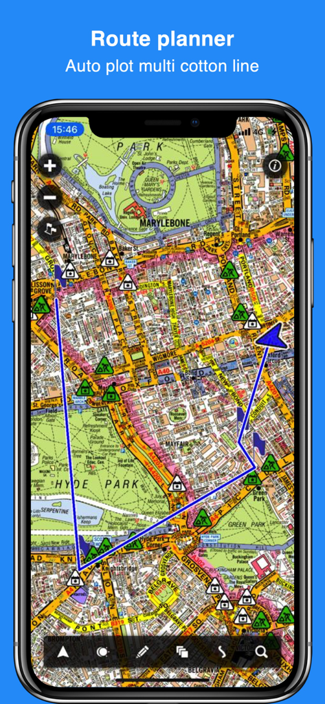 Cabbie's Mate - Cabbies Mate app interface showing the route planner and multi cotton line feature on a London A-Z map