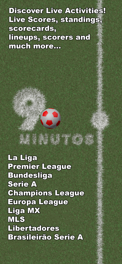 90MIN - Lista de ligas de fútbol como MLS y Liga MX soportadas por la app 90MIN sobre un fondo de campo de césped