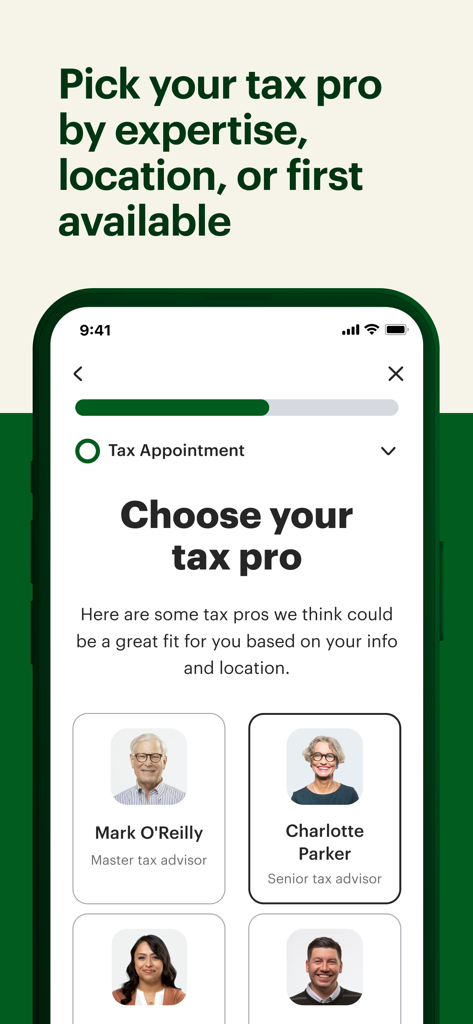 MyBlock app screen showing profiles of professional tax advisors for selection