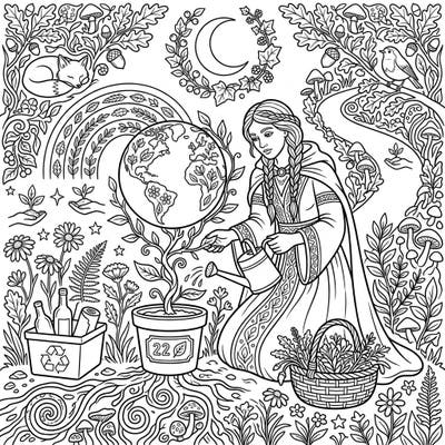 Dive into the magic of nature with this captivating Earth Day coloring page featuring a serene hedge witch tending to our planet. It's a beautiful blend of folklore and environmental consciousness, inviting you to add your creative touch.