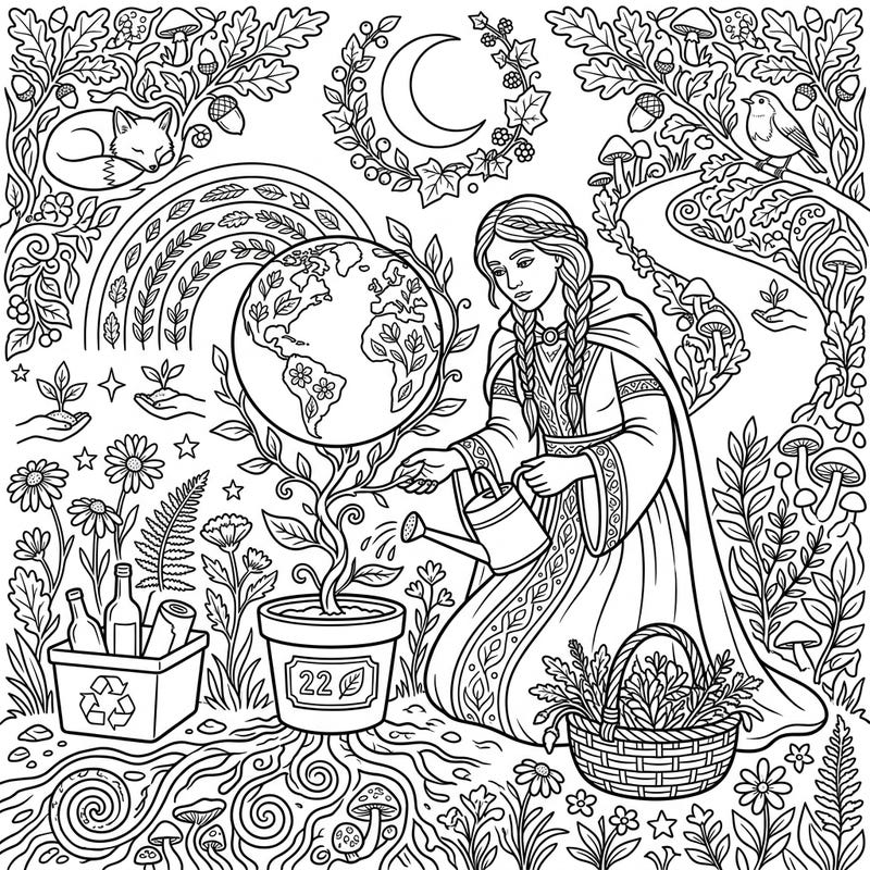 Dive into the magic of nature with this captivating Earth Day coloring page featuring a serene hedge witch tending to our planet. It's a beautiful blend of folklore and environmental consciousness, inviting you to add your creative touch.