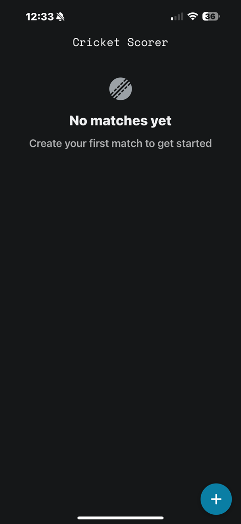 Gully Cricket Scorer - Leerer Startbildschirm der Gully Cricket Scorer App mit einer Plus-Schaltfläche zum Erstellen eines neuen Spiels