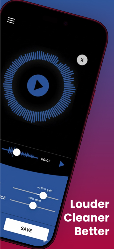 Podcast Cleaner AI Denoise Fix - Podcast Cleaner AI app interface with audio waveform and gain adjustment sliders