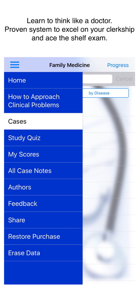 Main menu screen of the Case Files Family Medicine app showing navigation options for clinical cases and study quizzes