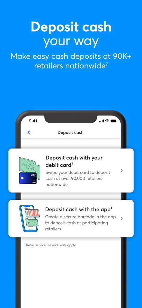 GO2bank: Mobile banking - Pantalla de la app móvil GO2bank que muestra opciones para depositar efectivo en comercios usando una tarjeta de débito o un código de barras en la app.
