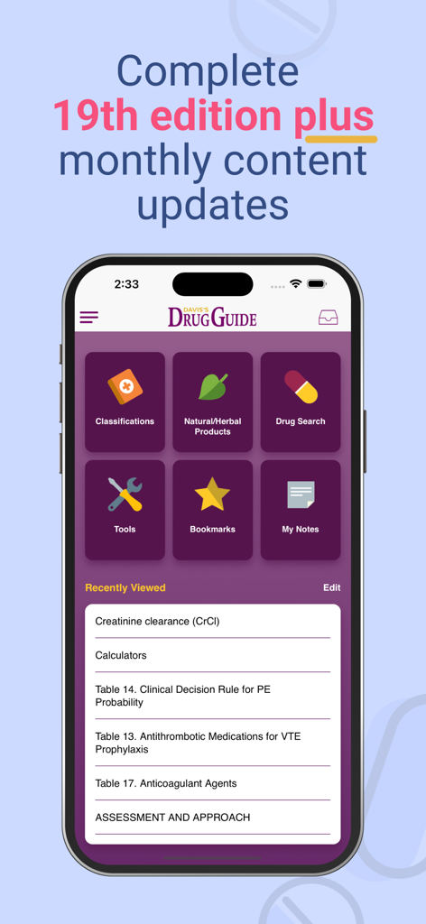 Davis Drug Guide For Nurses - Davis Drug Guide for Nurses app home screen showing drug search and clinical tools