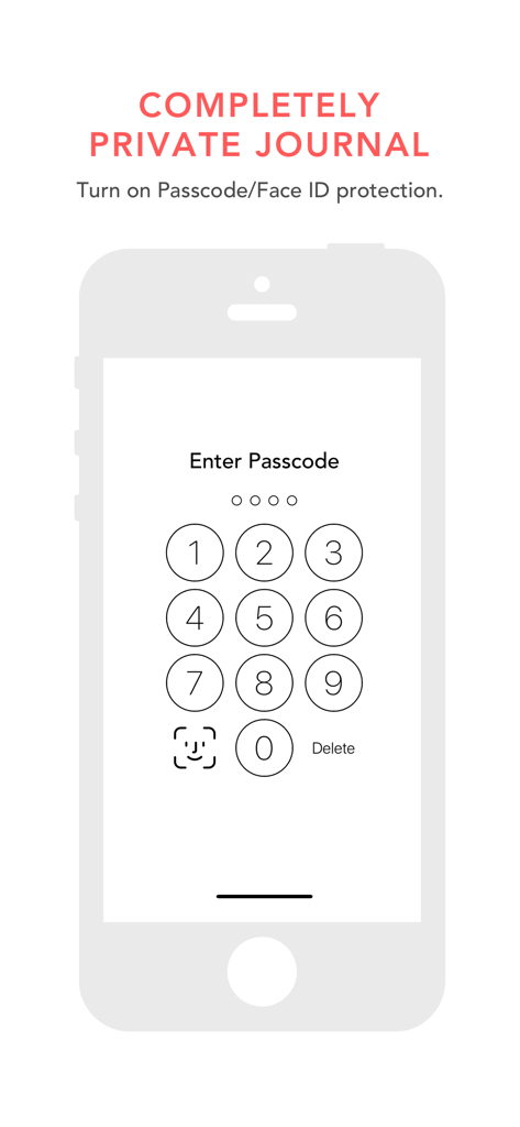 A smartphone screen displaying a numeric passcode entry and Face ID icon for the Grateful journal app.